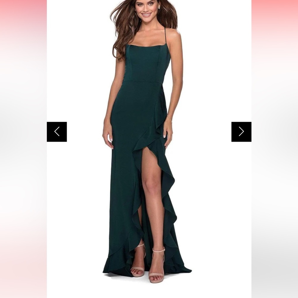 La Femme Green Asymmetrical Ruffled Gown